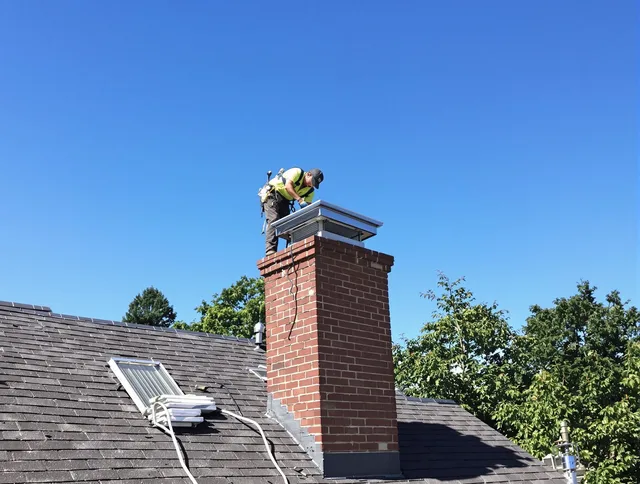West Hartford Chimney Sweep technician measuring a chimney cap in West Hartford, CT