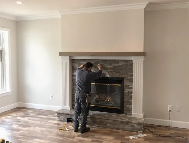 West Hartford Chimney Sweep finishing a custom fireplace install in West Hartford, CT